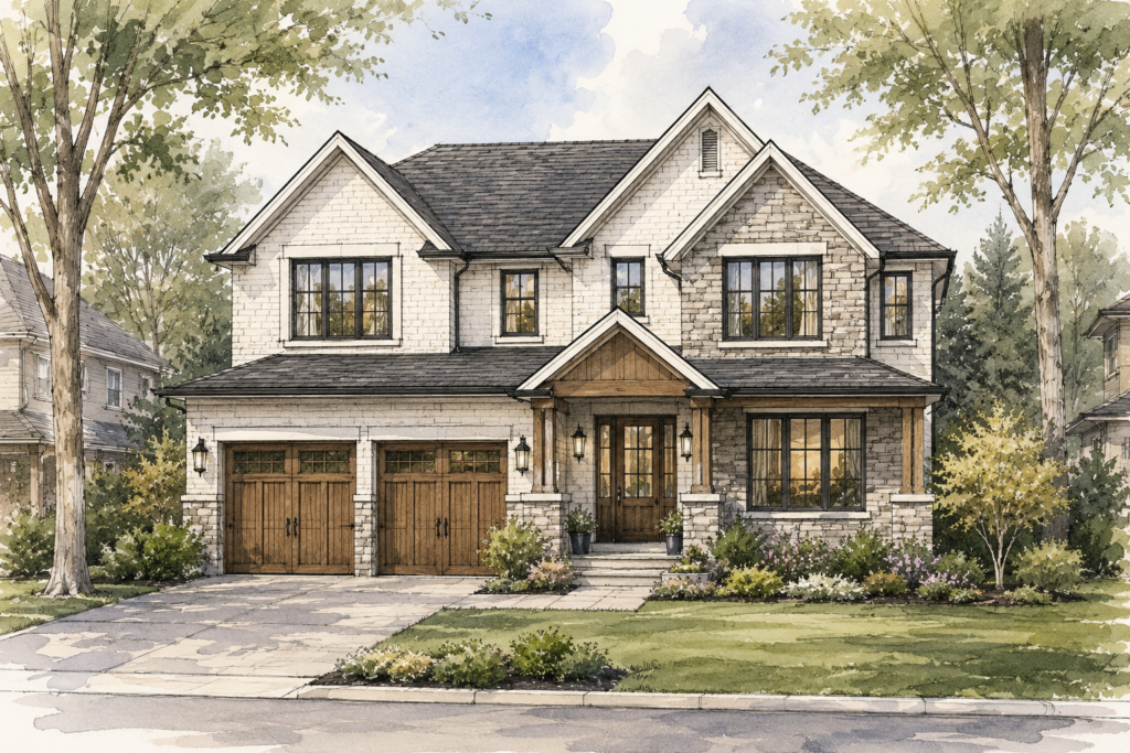 Architectural rendering of a custom two-storey home designed for a residential property development project in Burlington, Ontario.