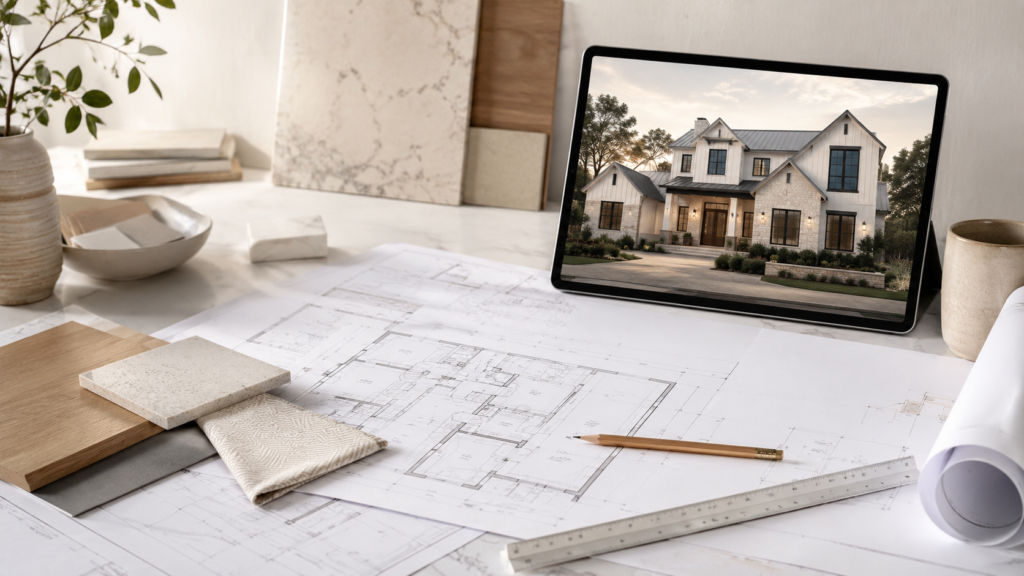 Custom home architectural plans with material samples and a digital rendering used during the design and development planning process in Burlington, Ontario.