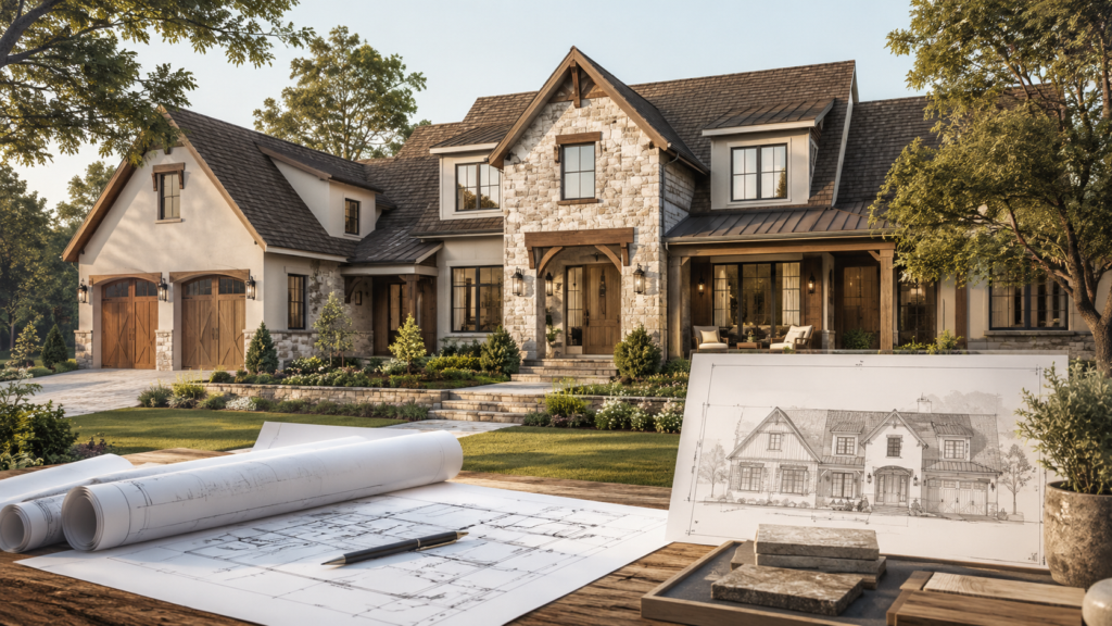 Custom home exterior design by Ever After Homes, featuring architectural plans, stone accents, timber details, and a timeless Ontario estate home concept.