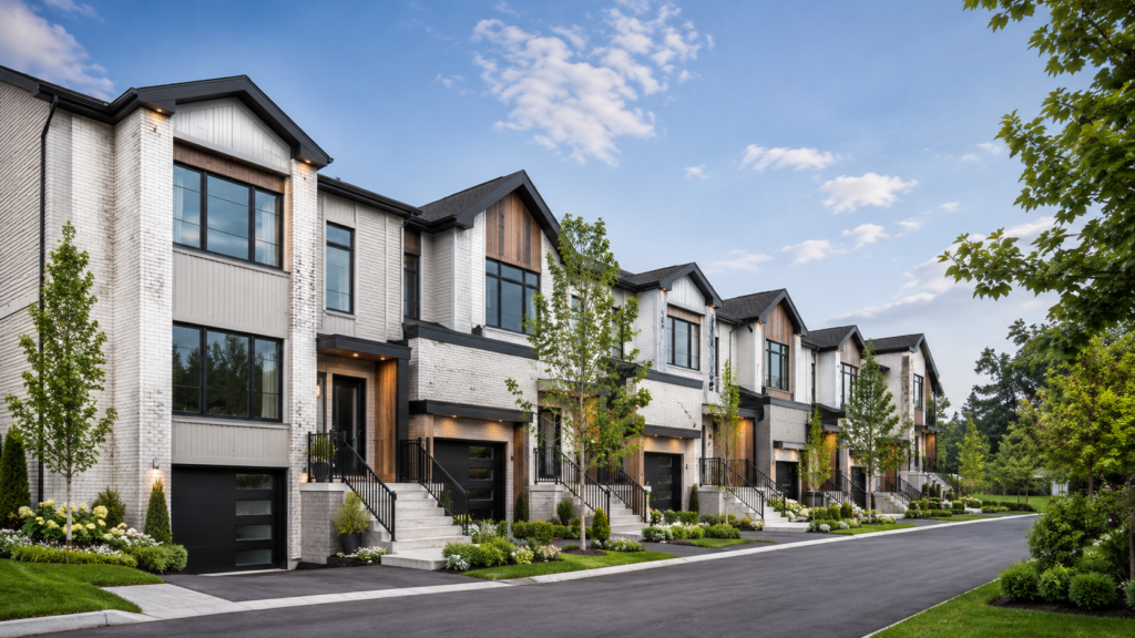 Modern townhouse development with a row of contemporary multi-storey townhomes, landscaped front entrances, black garage doors, and tree-lined street.