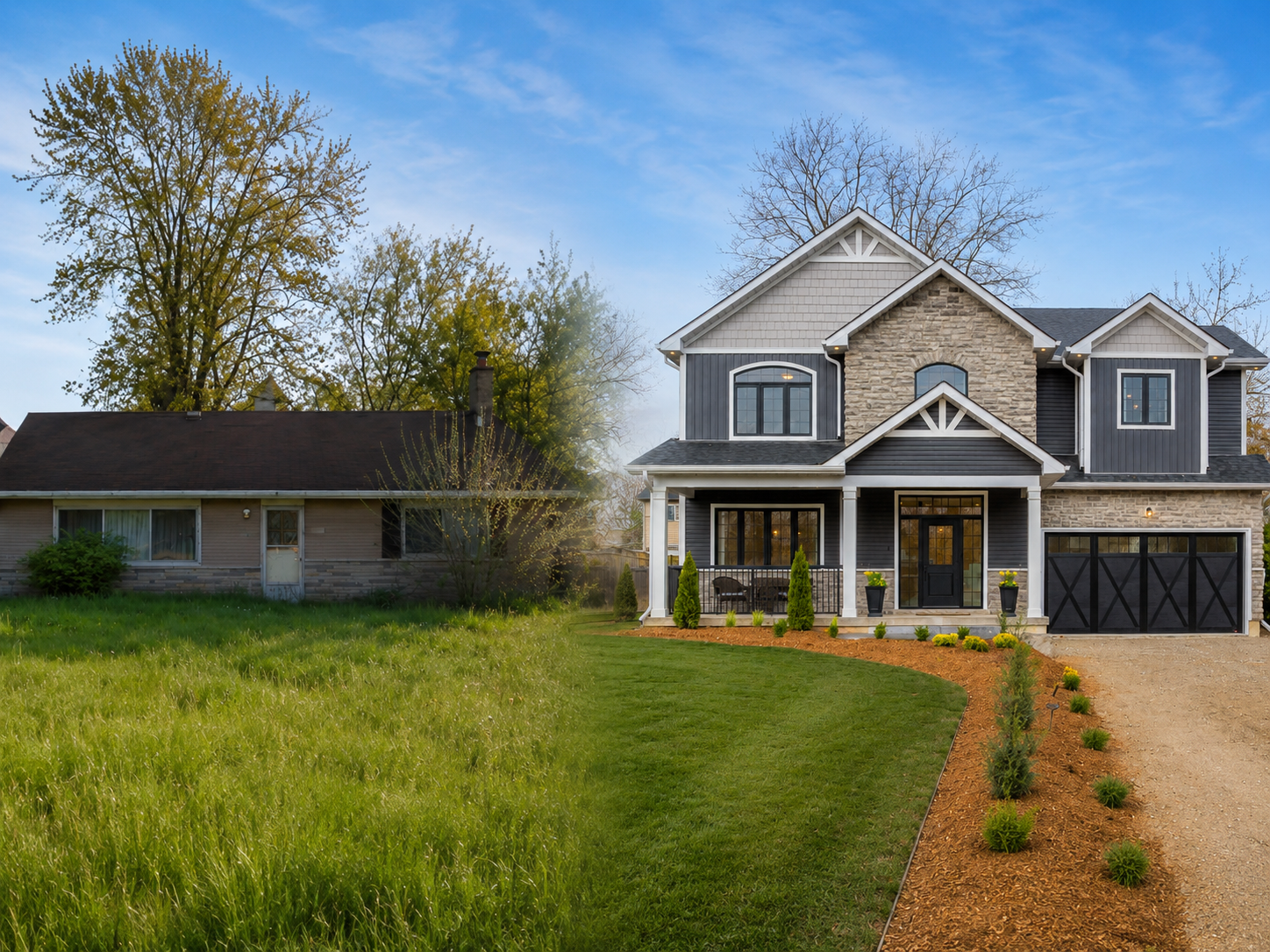 Before and after custom home transformation showing an older bungalow replaced with a completed custom home in Burlington, Ontario.