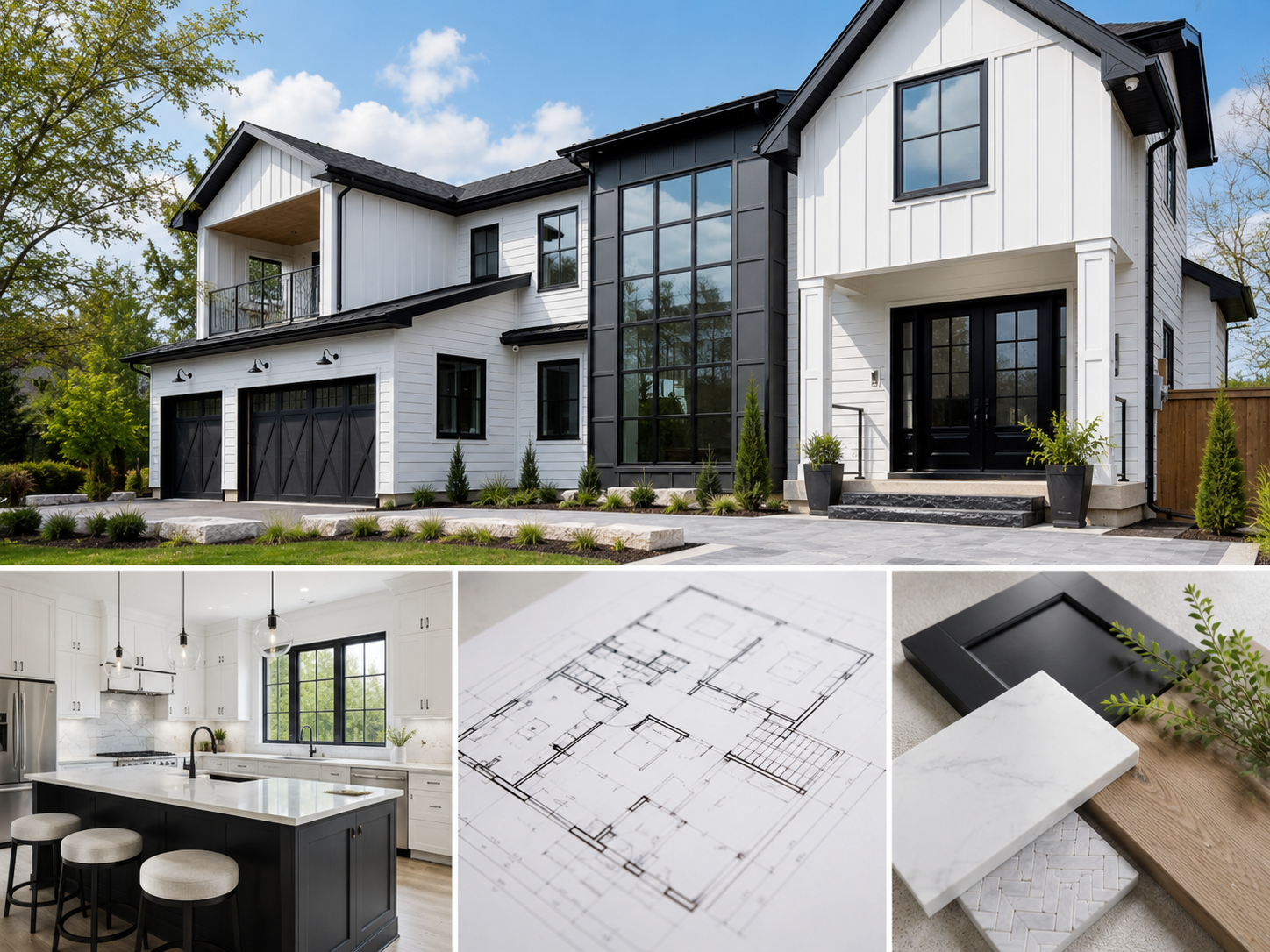 Custom home gallery collage featuring a completed modern farmhouse exterior, kitchen interior, floor plan, and finish selections.