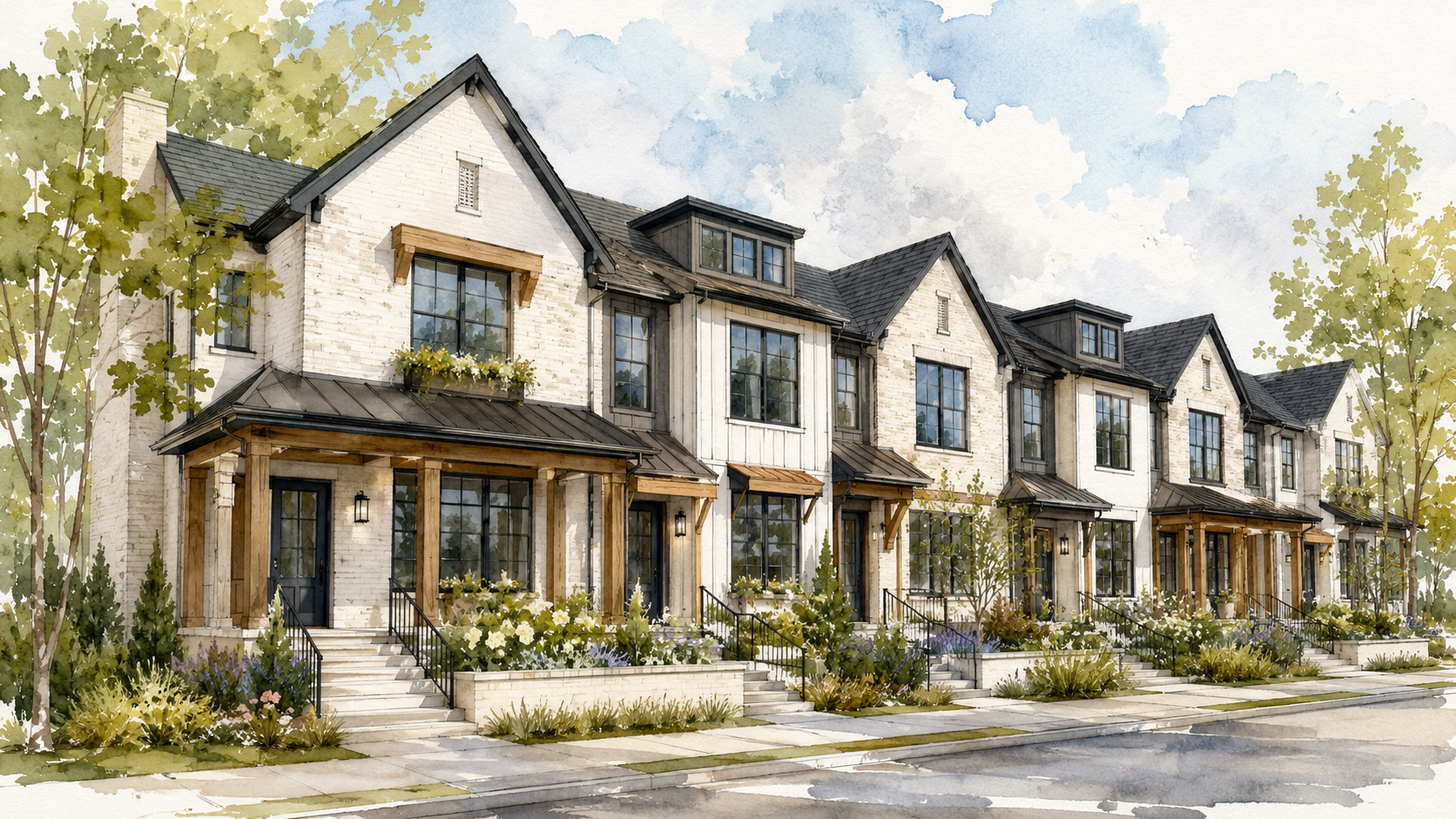Custom home architectural plans with material samples and a digital rendering used during the design and development planning process in Burlington, Ontario.