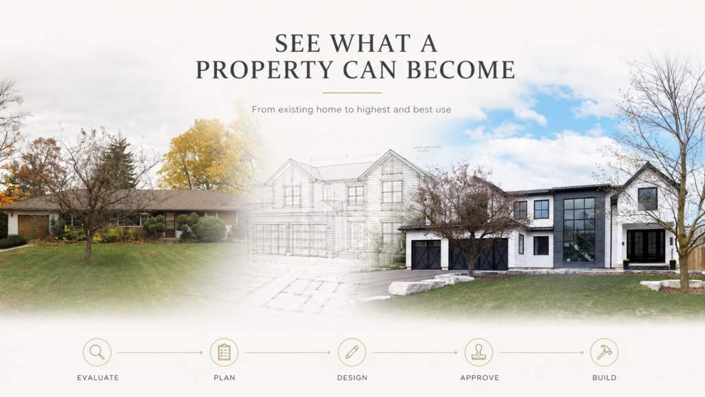 Before and after property redevelopment showing an older bungalow transformed into a custom two-storey home in Burlington, Ontario.
