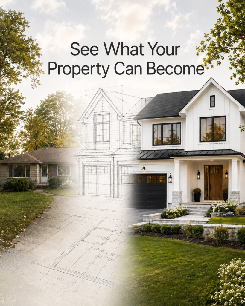 Before and after property transformation showing an older home, architectural design plans, and a finished custom home in Burlington, Ontario.