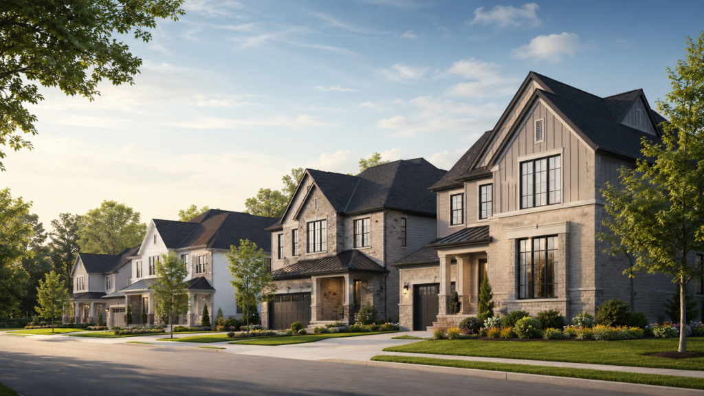 Residential development of custom homes on a tree-lined street in Southern Ontario by Ever After Custom Homes