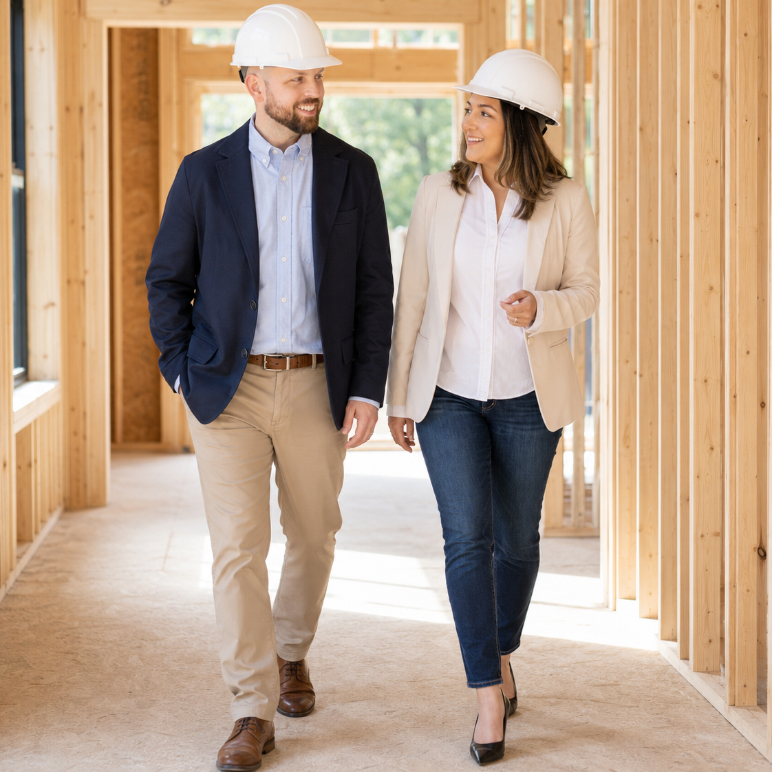 Brian and Sita DosRamos of Ever After Homes walking through a framed custom home construction site in Burlington, Ontario.